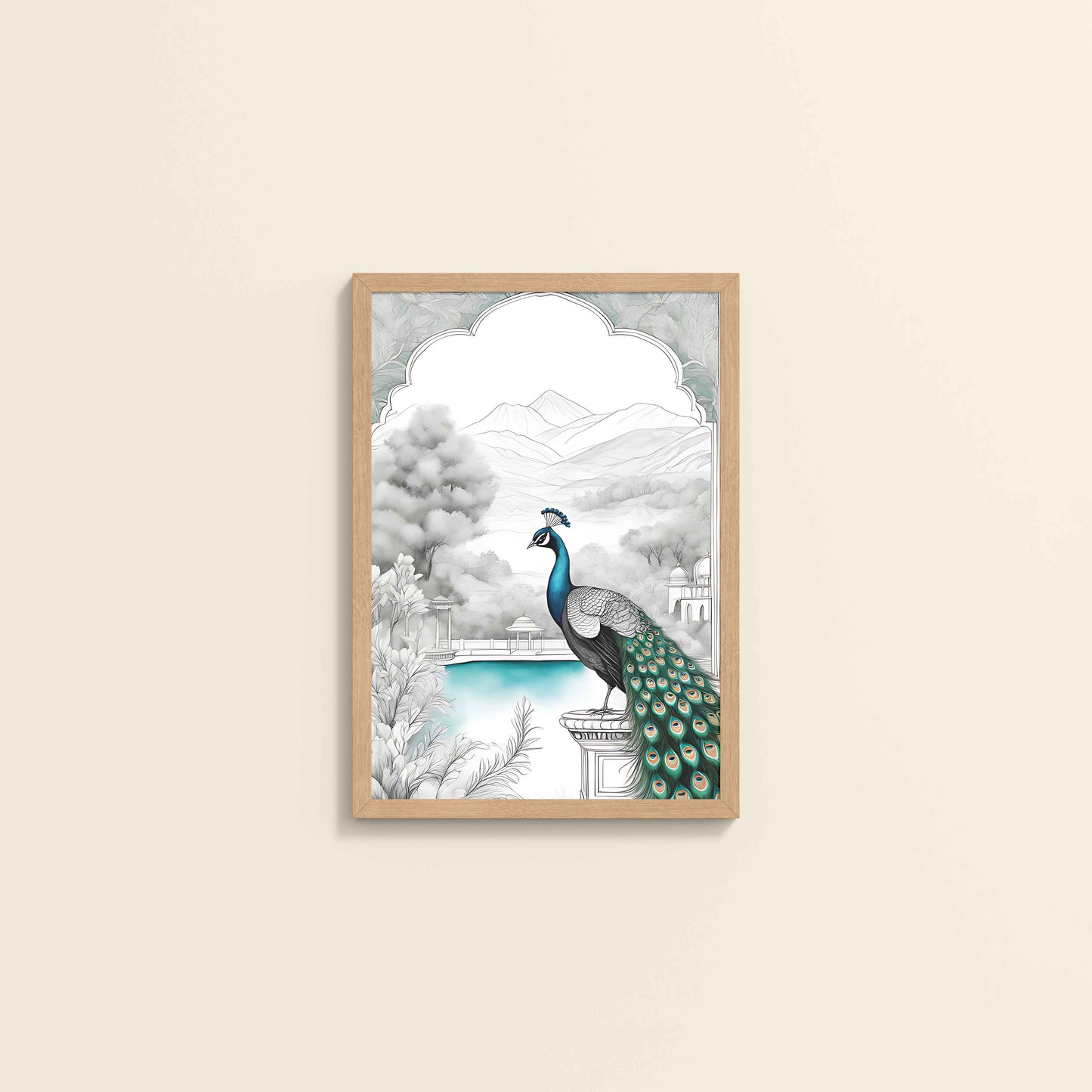 Wall View of Peacock with Nature Traditional Madhubani Art Wall Frame in Natrual Color Frame