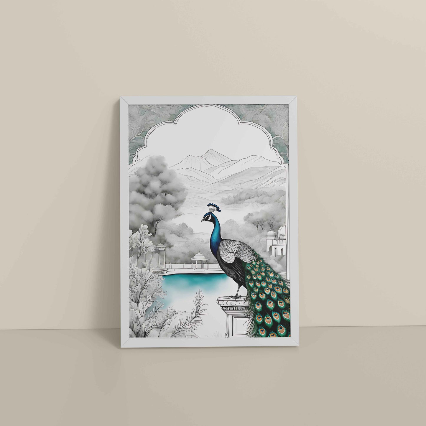 Floor View of Peacock with Nature Traditional Madhubani Art Wall Frame in White Color Frame