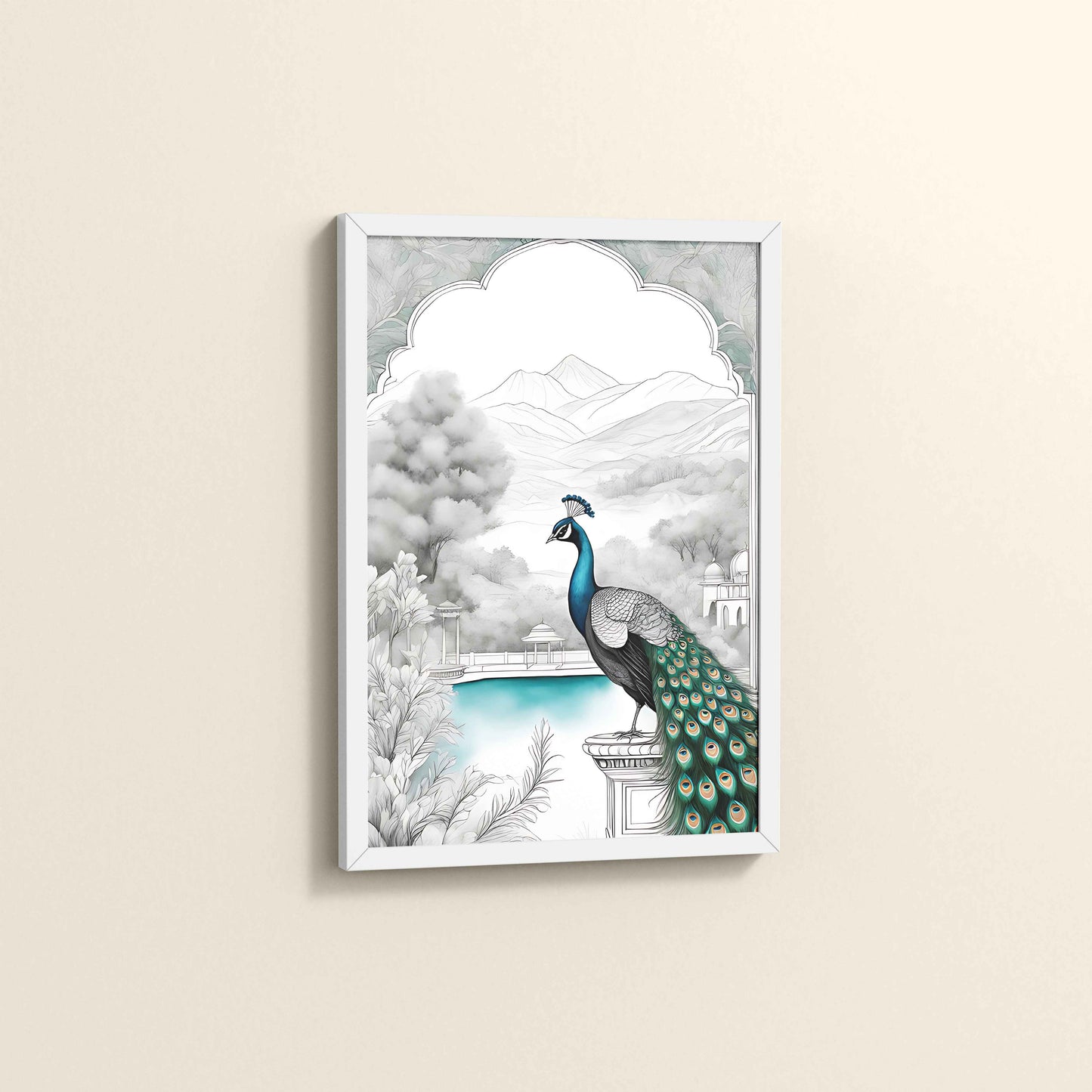 Side View of Peacock with Nature Traditional Madhubani Art Wall Frame in White Color Frame
