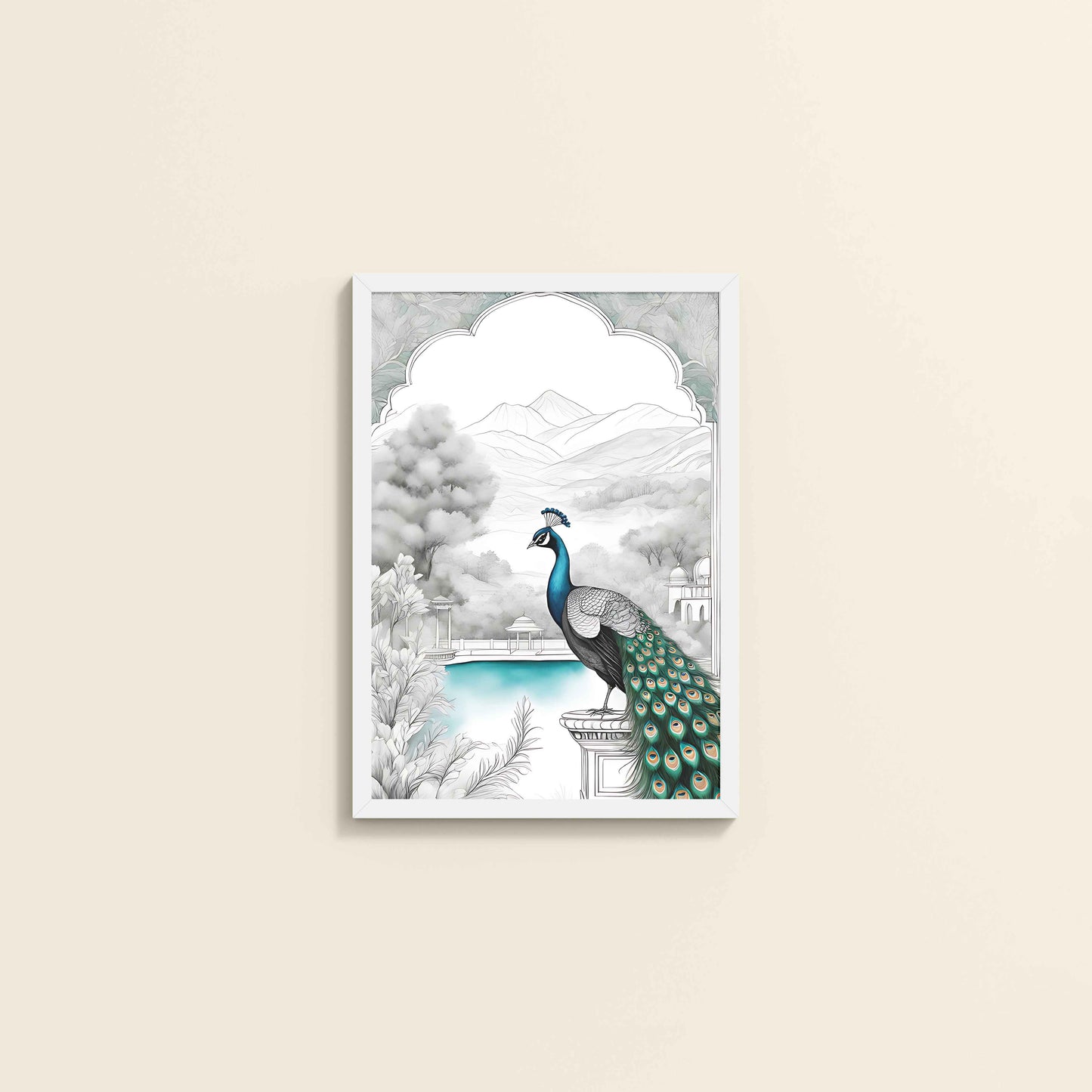 Wall View of Peacock with Nature Traditional Madhubani Art Wall Frame in White Color Frame