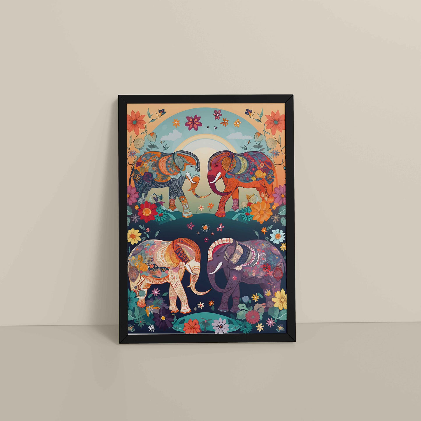 Floor View of Intricately Adorned Elephants – Traditional Madhubani Artwork in Black Color Frame