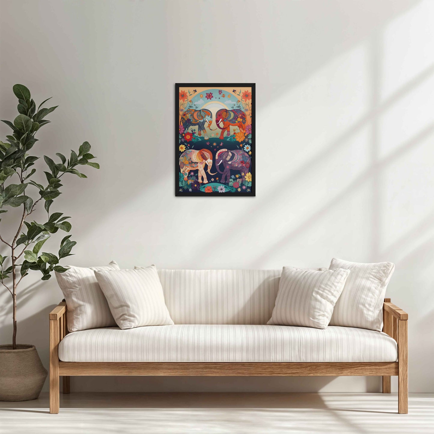 Living Room Cabinet Table Preview of Intricately Adorned Elephants – Traditional Madhubani Artwork in Black Color Frame