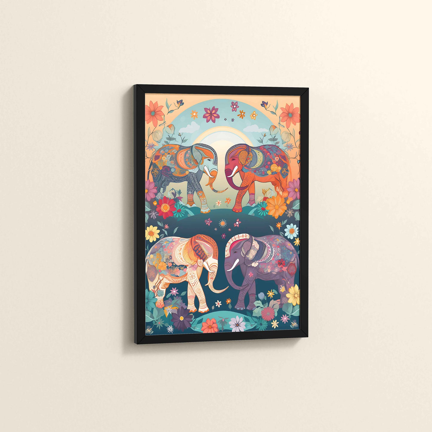 Side View of Intricately Adorned Elephants – Traditional Madhubani Artwork in Black Color Frame