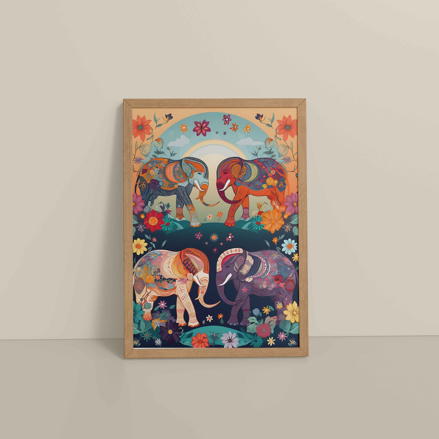 Floor View of Intricately Adorned Elephants – Traditional Madhubani Artwork in Natrual Color Frame