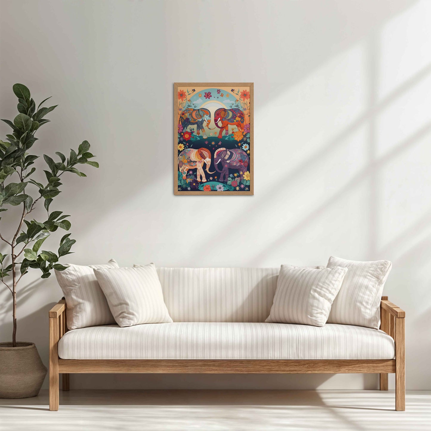 Living Room Cabinet Table Preview of Intricately Adorned Elephants – Traditional Madhubani Artwork in Natrual Color Frame