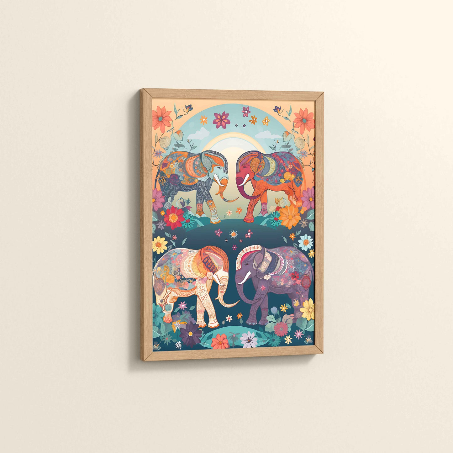 Side View of Intricately Adorned Elephants – Traditional Madhubani Artwork in Natrual Color Frame