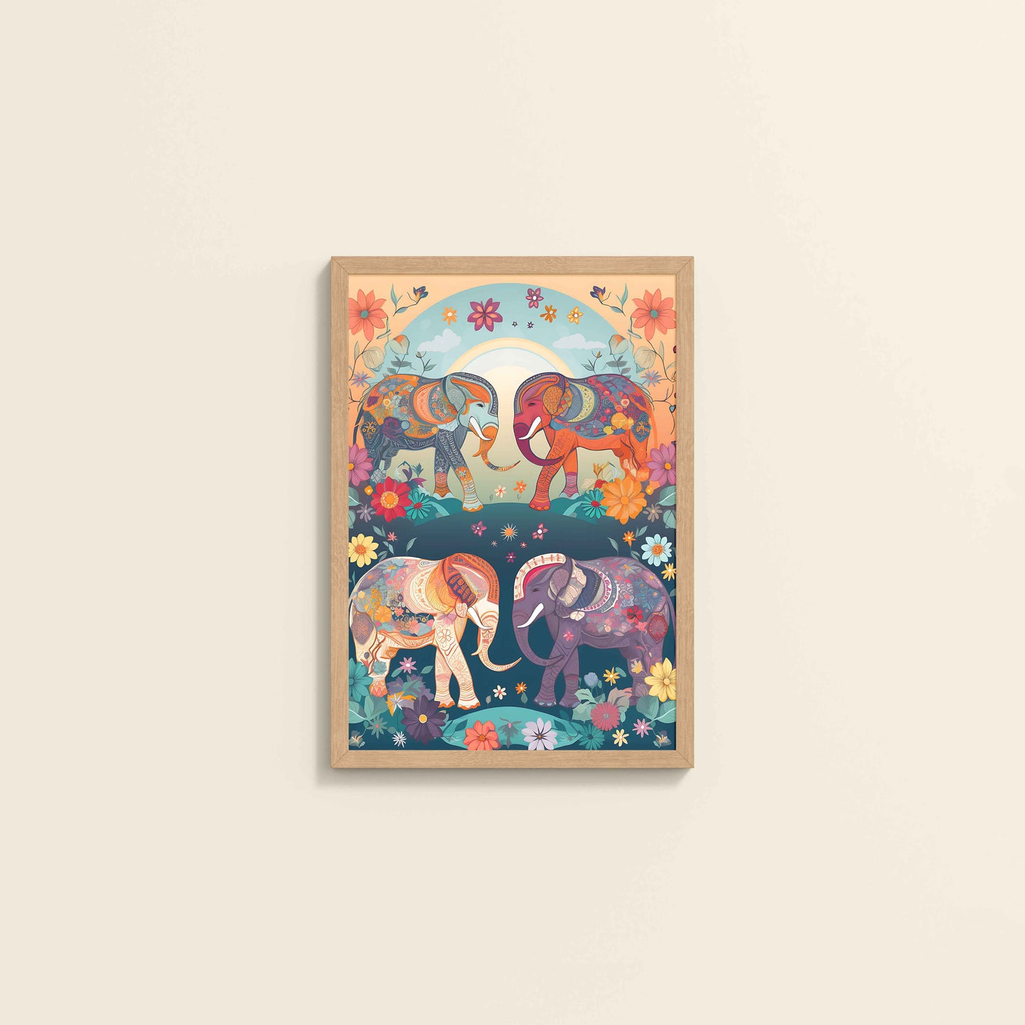 Wall View of Intricately Adorned Elephants – Traditional Madhubani Artwork in Natrual Color Frame