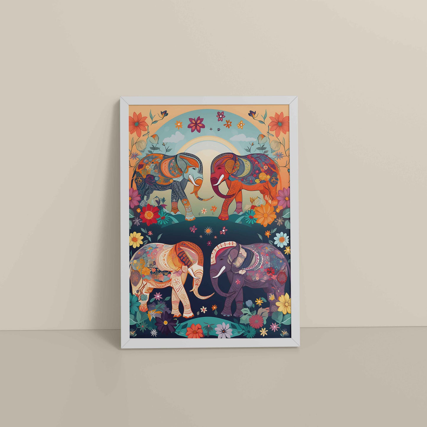 Floor View of Intricately Adorned Elephants – Traditional Madhubani Artwork in White Color Frame