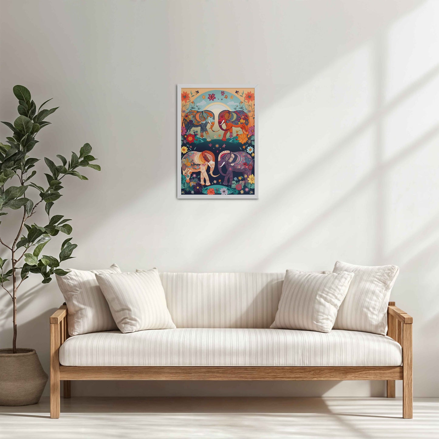 Living Room Cabinet Table Preview of Intricately Adorned Elephants – Traditional Madhubani Artwork in White Color Frame