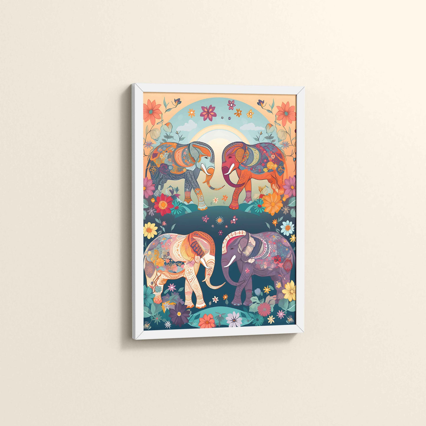 Side View of Intricately Adorned Elephants – Traditional Madhubani Artwork in White Color Frame