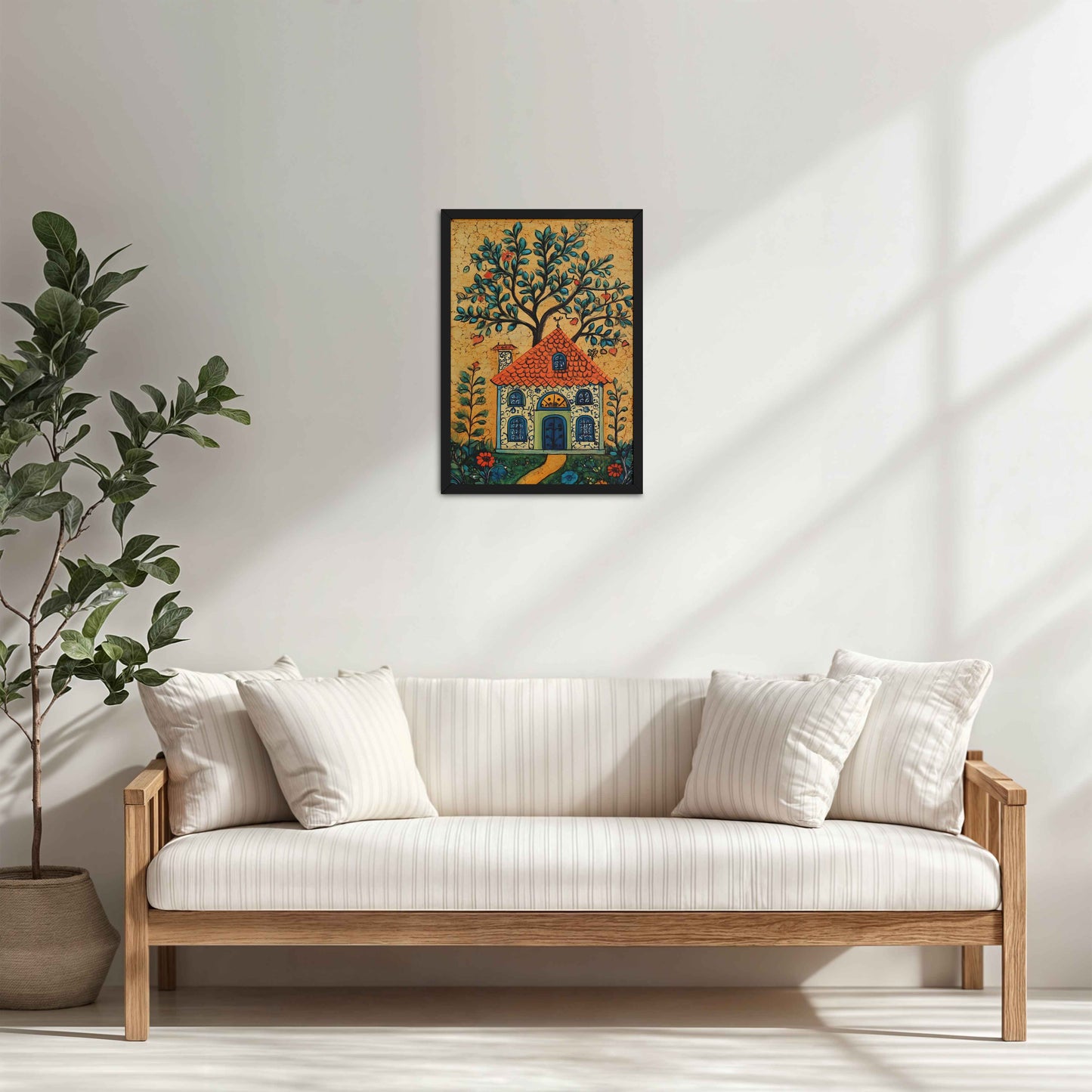 Living Room Cabinet Table Preview of House and Tree Traditional Madhubani Painting & Artwork in Black Color Frame