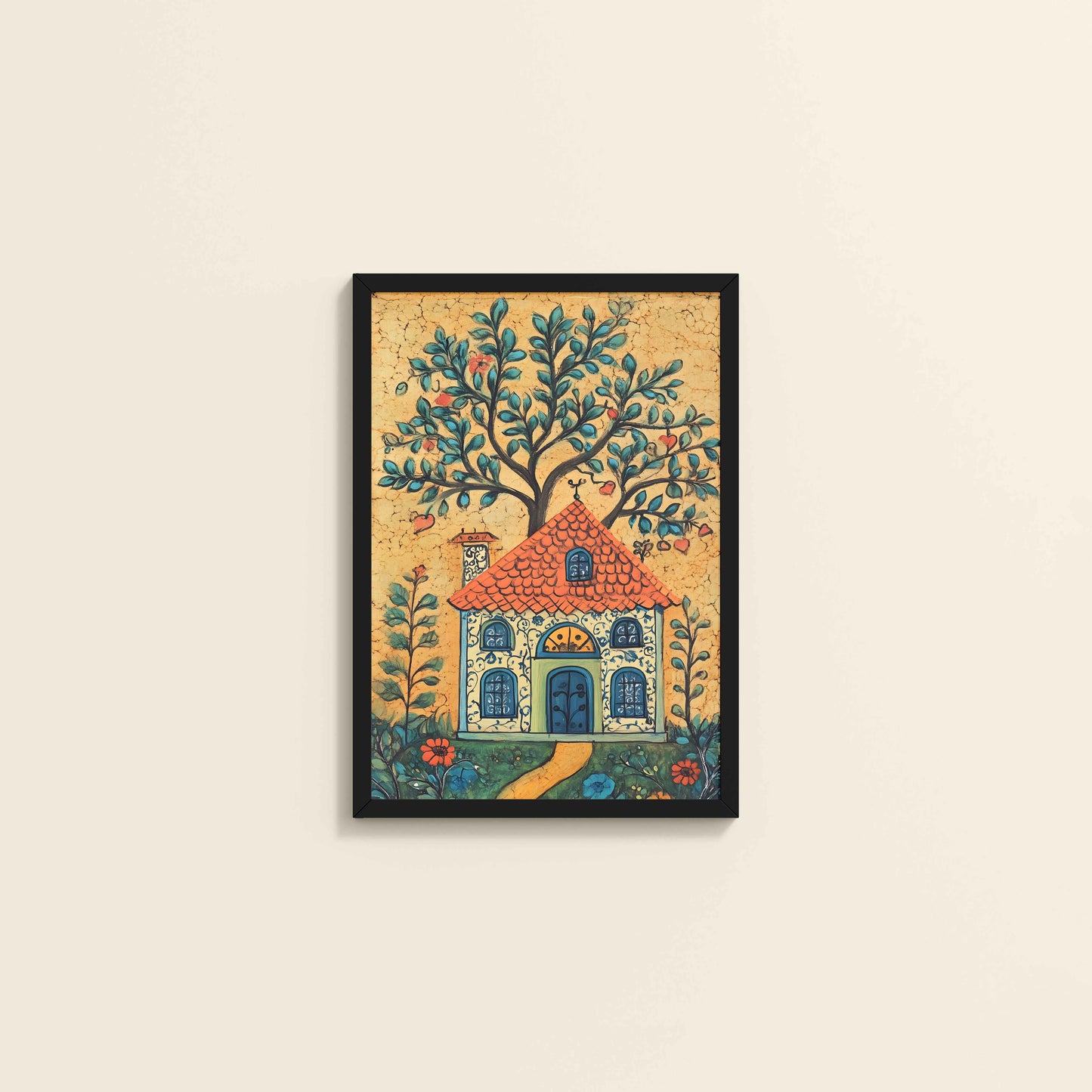 Wall View of House and Tree Traditional Madhubani Painting & Artwork in Black Color Frame