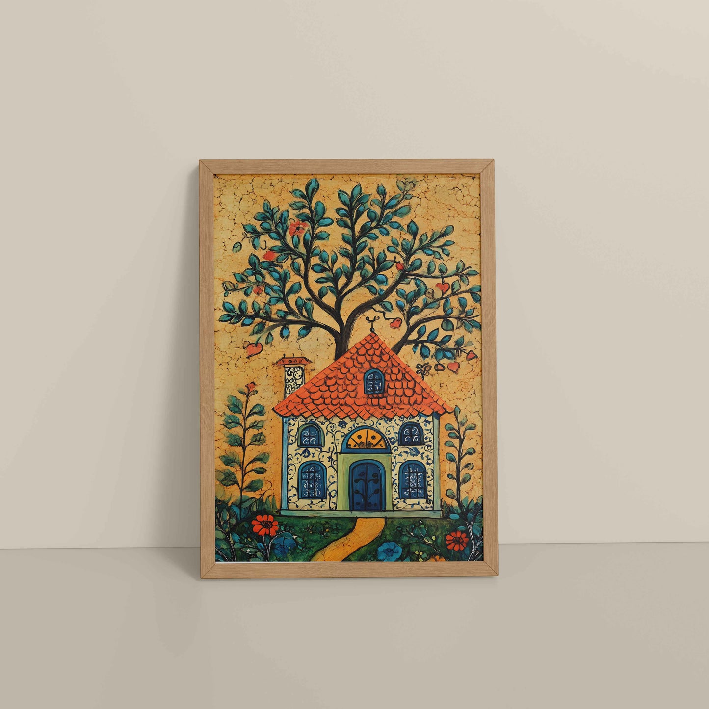 Floor View of House and Tree Traditional Madhubani Painting & Artwork in Natrual Color Frame