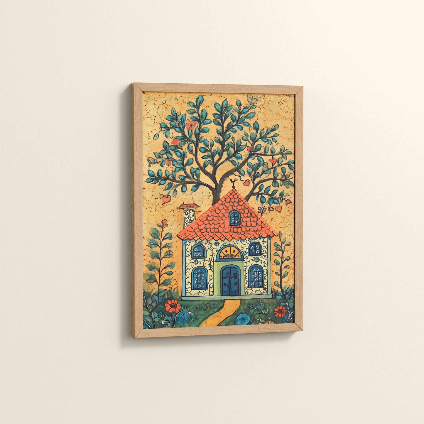 Side View of House and Tree Traditional Madhubani Painting & Artwork in Natrual Color Frame