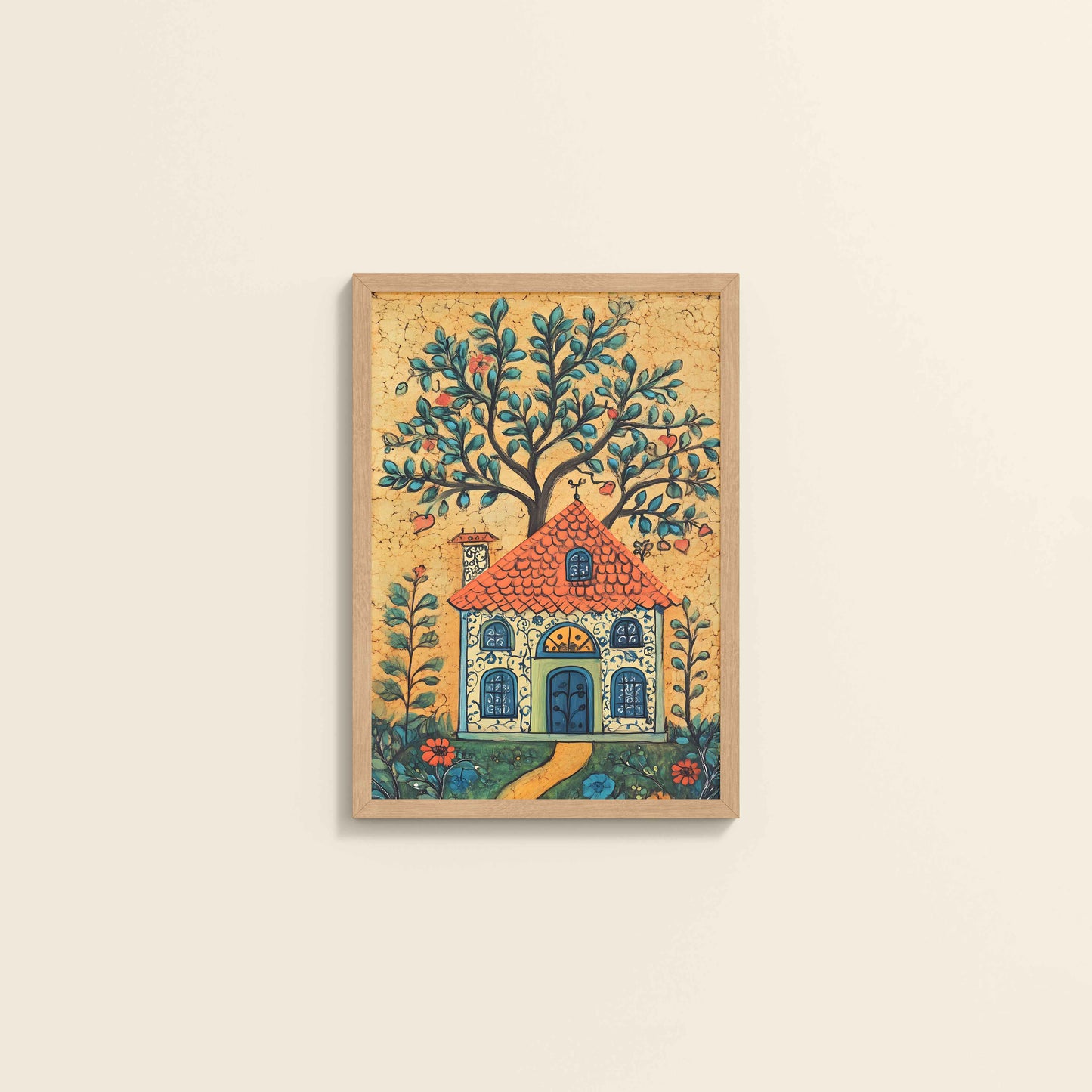 Wall View of House and Tree Traditional Madhubani Painting & Artwork in Natrual Color Frame
