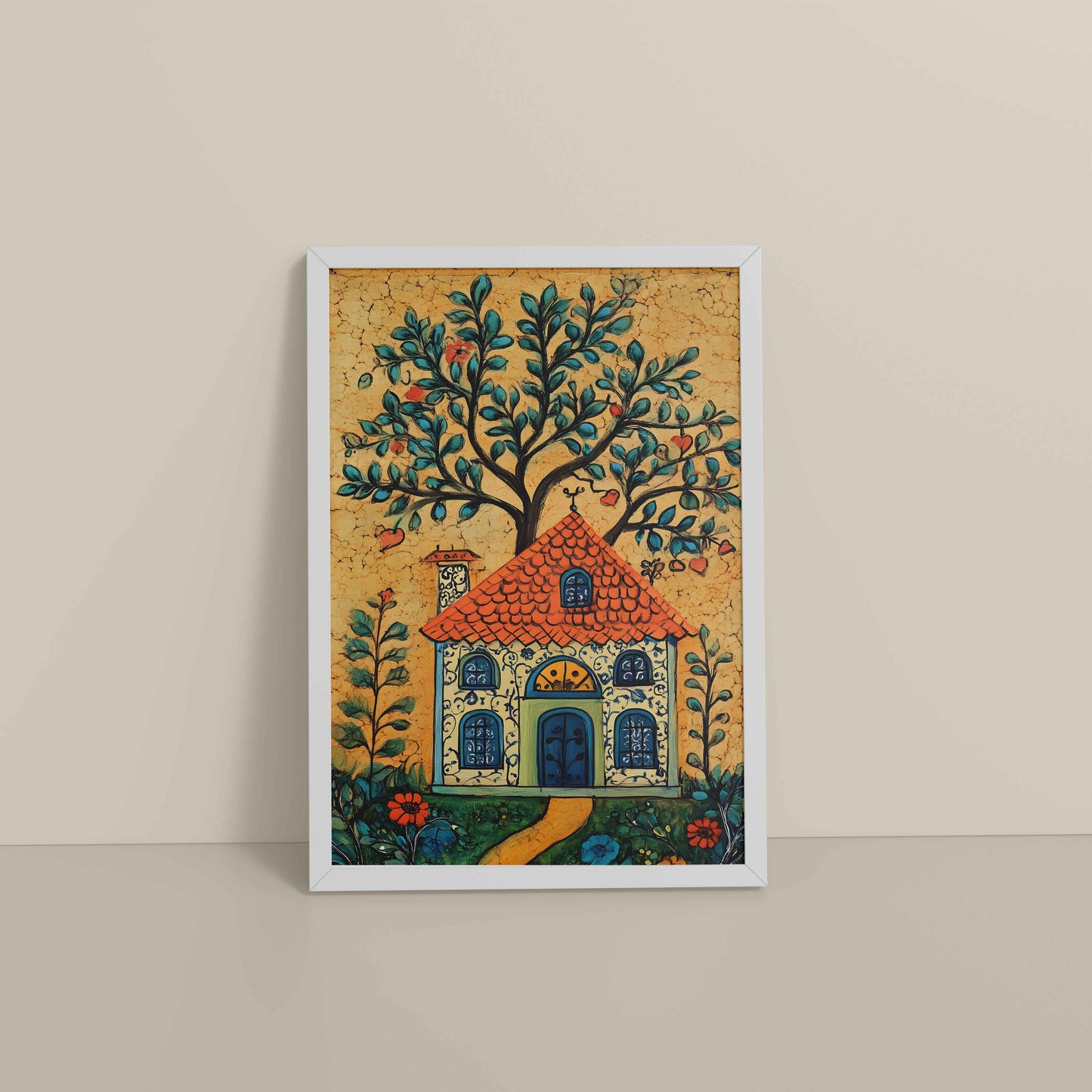 Floor View of House and Tree Traditional Madhubani Painting & Artwork in White Color Frame