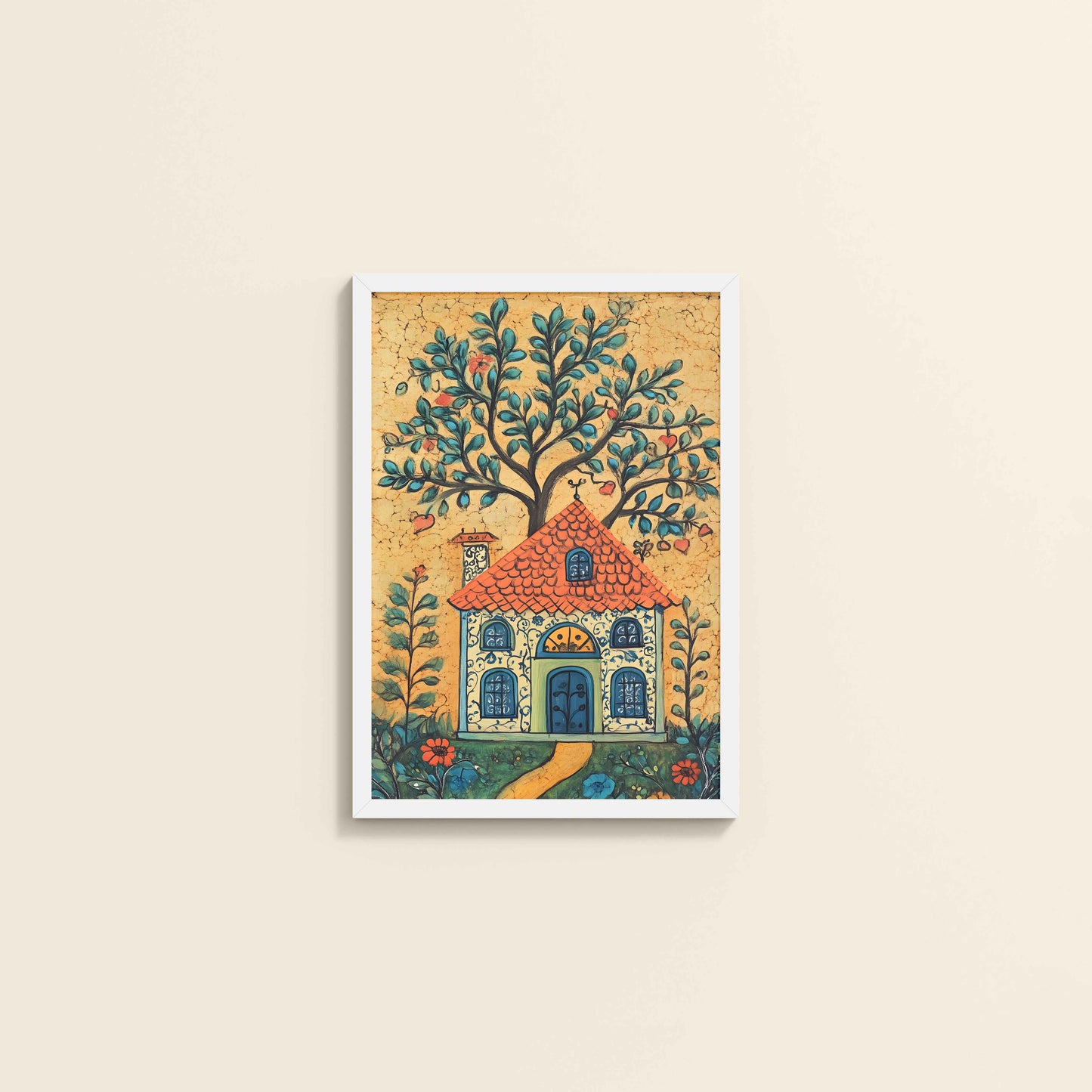 Wall View of House and Tree Traditional Madhubani Painting & Artwork in White Color Frame