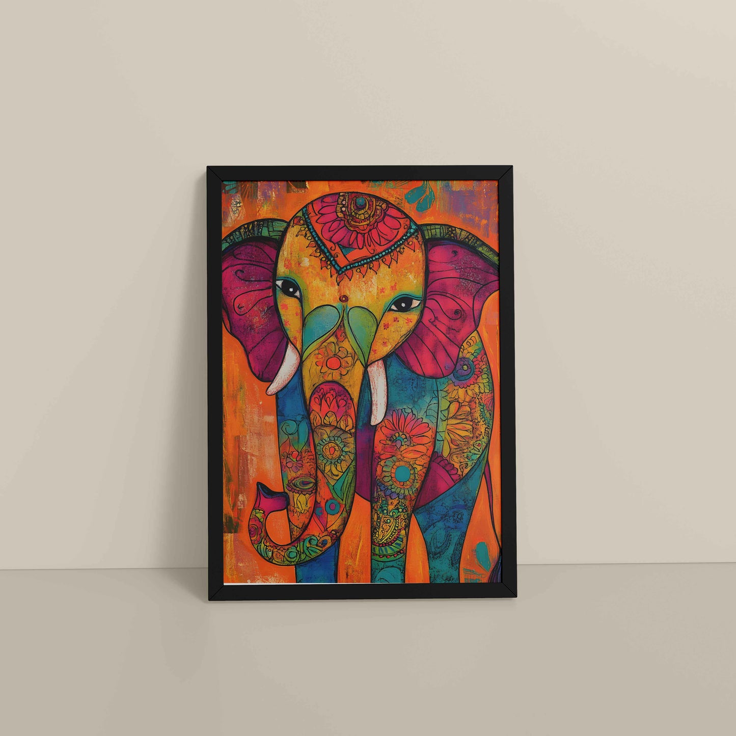 Floor View of Majestic Elephant in Traditional Madhubani Art Painting in Black Color Frame
