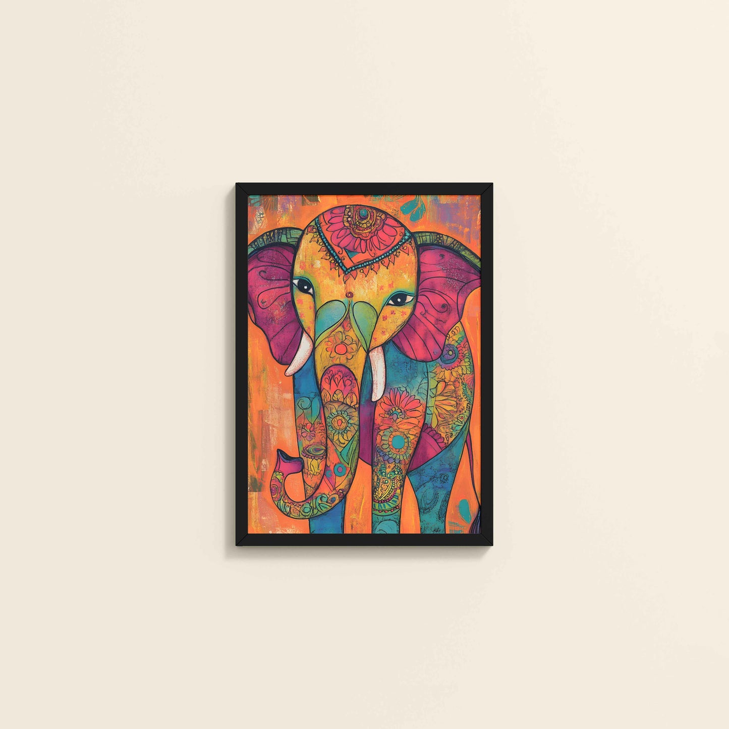 Wall View of Majestic Elephant in Traditional Madhubani Art Painting in Black Color Frame