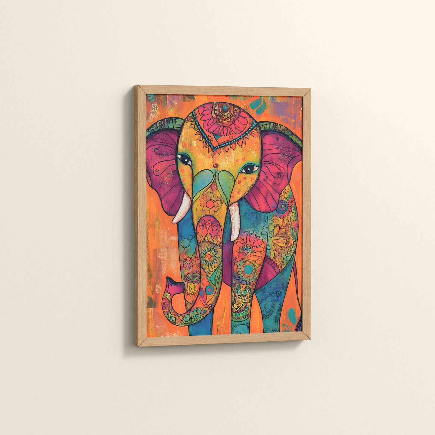 Side View of Majestic Elephant in Traditional Madhubani Art Painting in Natrual Color Frame