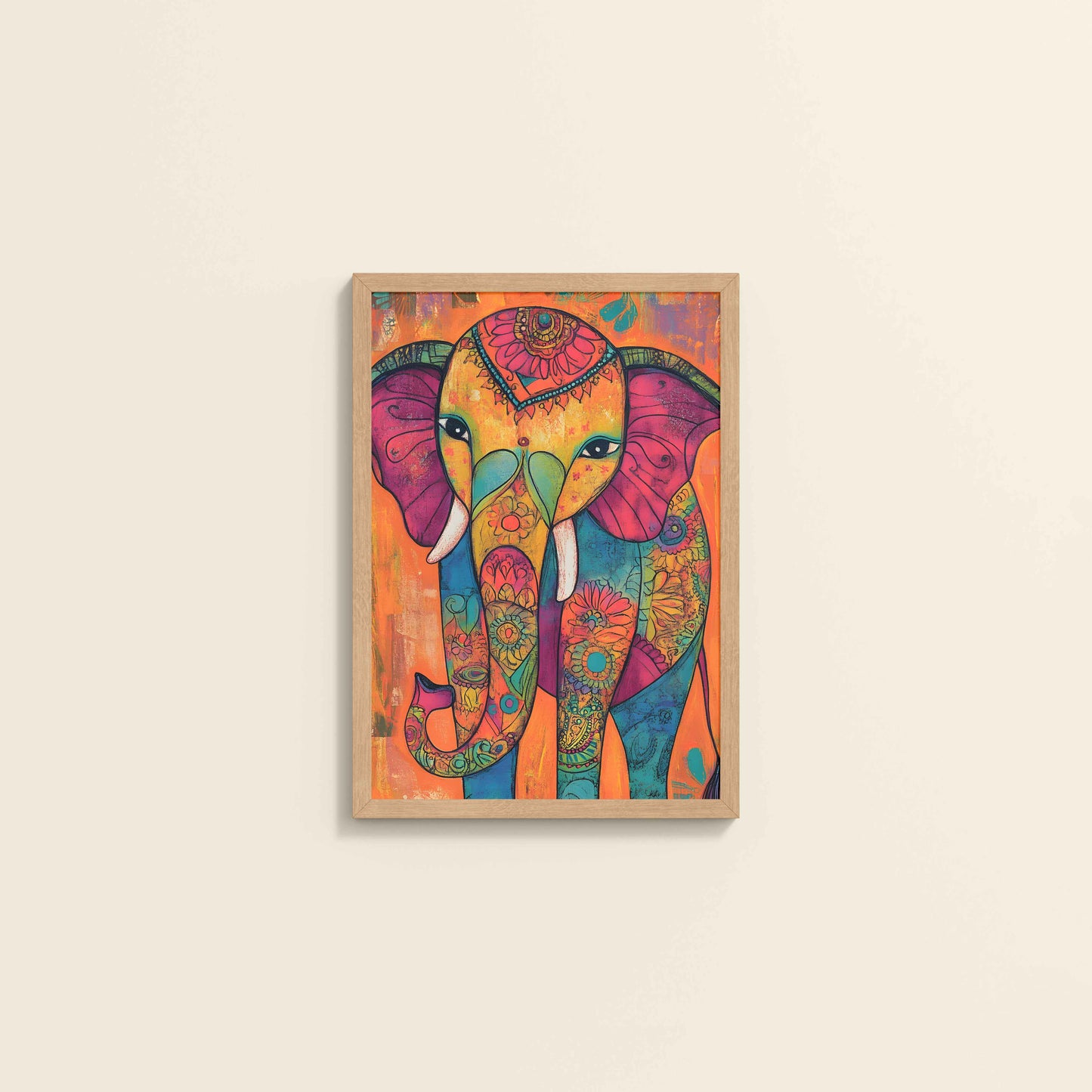 Wall View of Majestic Elephant in Traditional Madhubani Art Painting in Natrual Color Frame