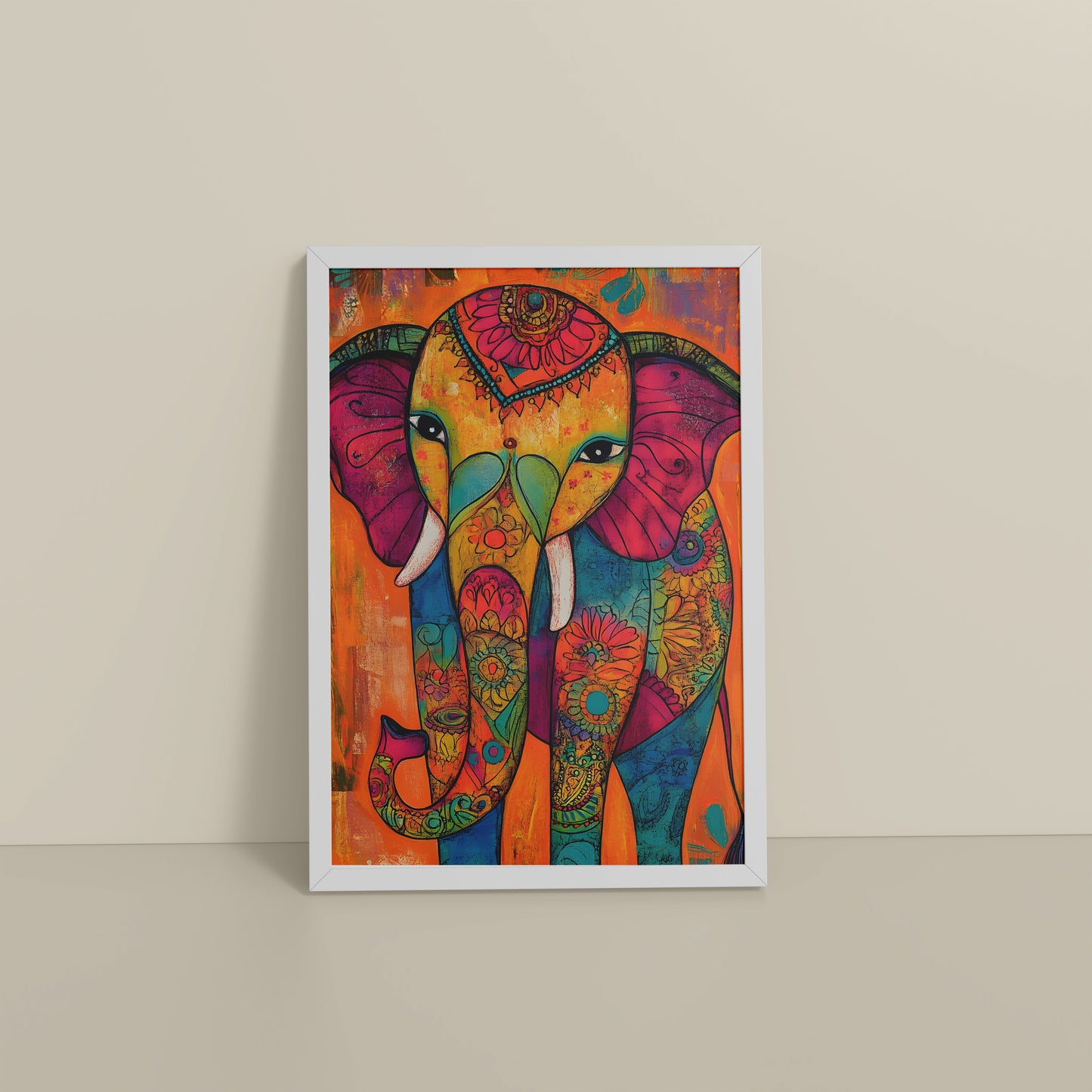 Floor View of Majestic Elephant in Traditional Madhubani Art Painting in White Color Frame