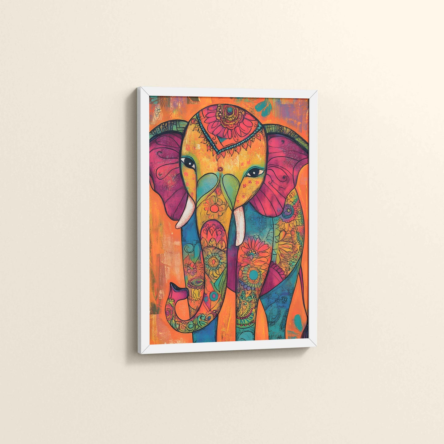 Side View of Majestic Elephant in Traditional Madhubani Art Painting in White Color Frame