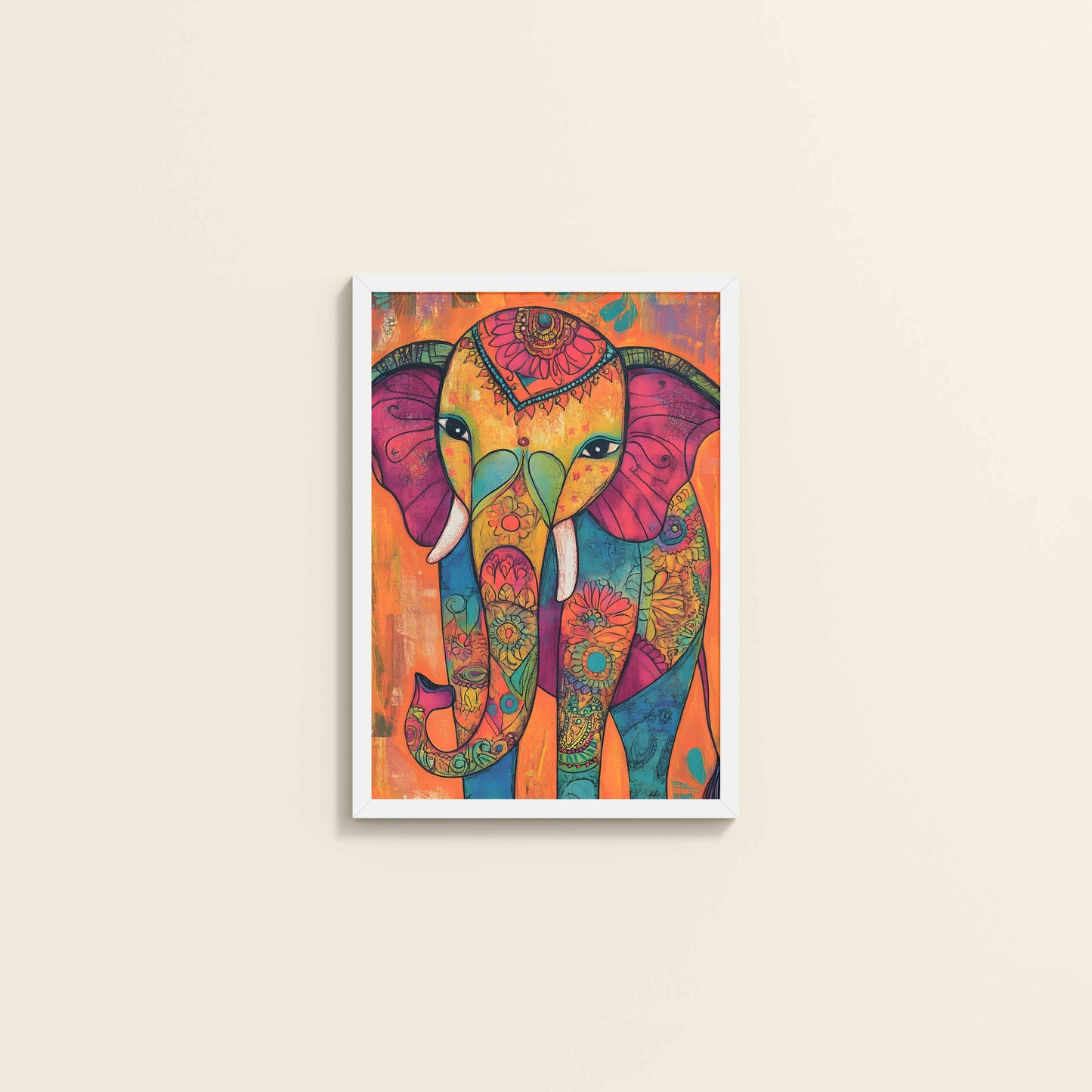 Wall View of Majestic Elephant in Traditional Madhubani Art Painting in White Color Frame