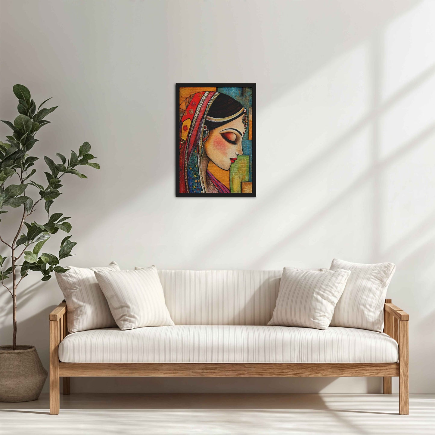 Living Room Cabinet Table Preview of Graceful Indian Woman – Abstract Madhubani Art Frame in Black Color Frame