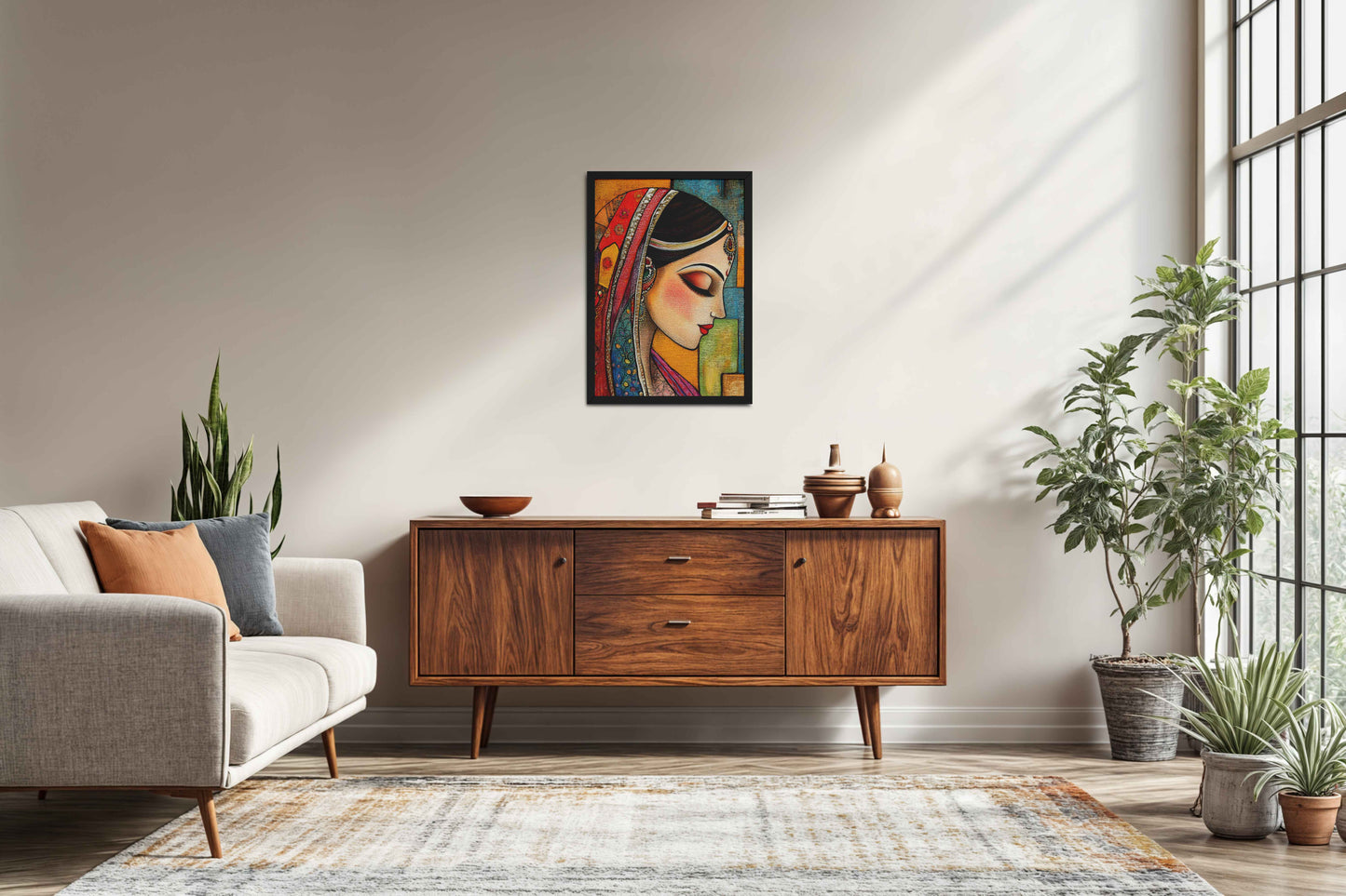 Living Room Sofa Preview of Graceful Indian Woman – Abstract Madhubani Art Frame in Black Color Frame
