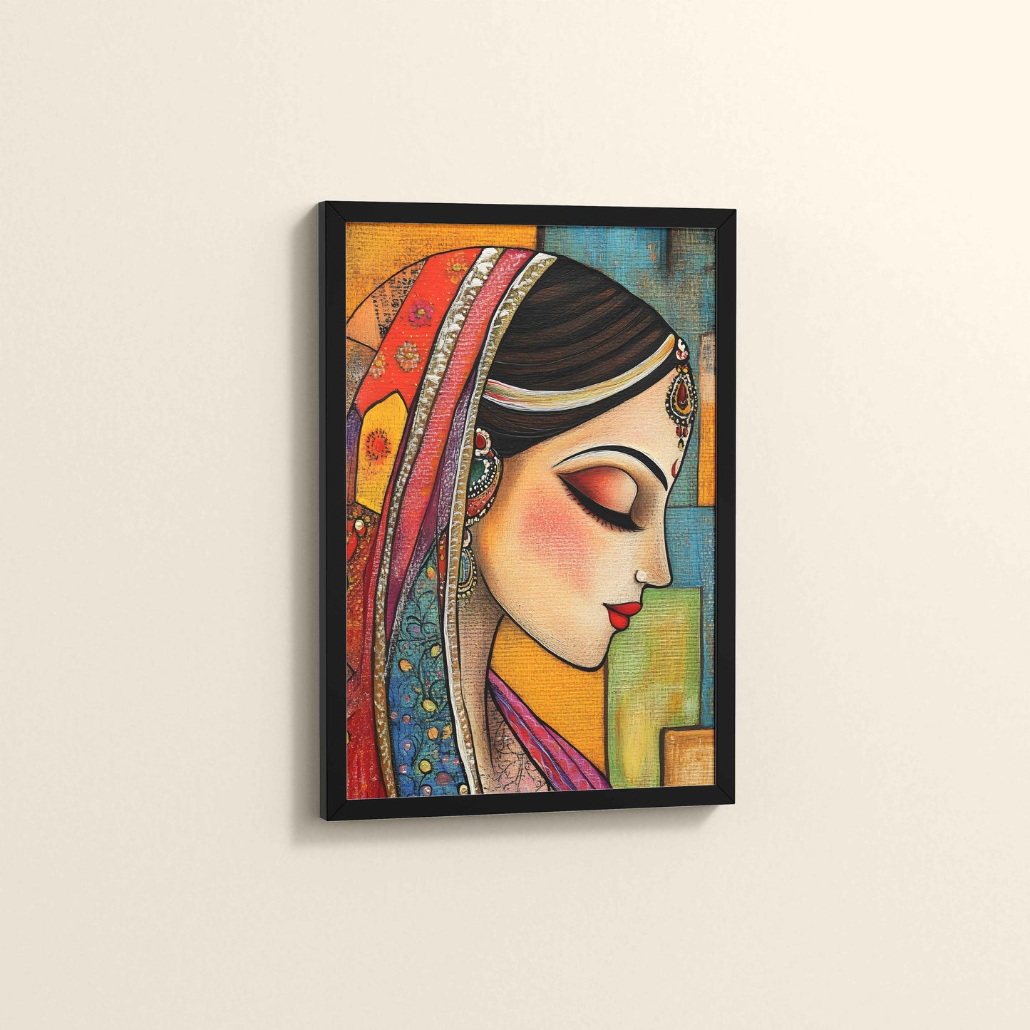Side View of Graceful Indian Woman – Abstract Madhubani Art Frame in Black Color Frame