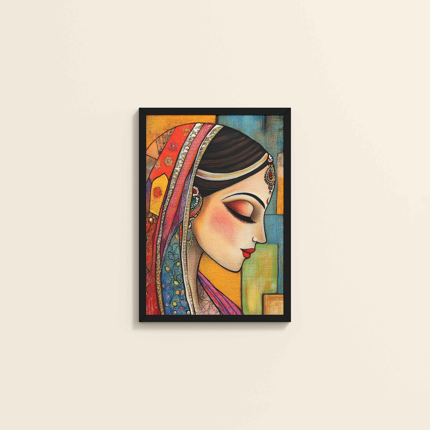 Wall View of Graceful Indian Woman – Abstract Madhubani Art Frame in Black Color Frame