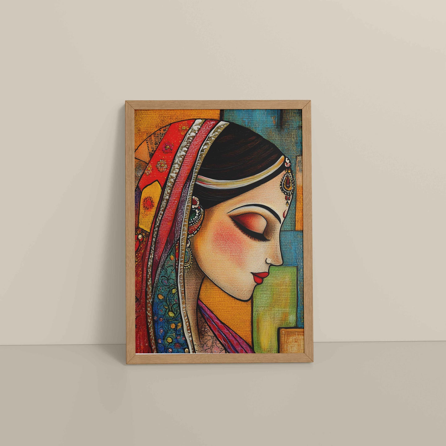 Floor View of Graceful Indian Woman – Abstract Madhubani Art Frame in Natrual Color Frame