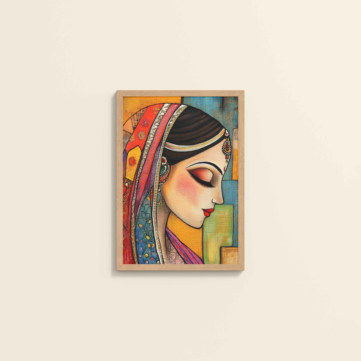 Wall View of Graceful Indian Woman – Abstract Madhubani Art Frame in Natrual Color Frame