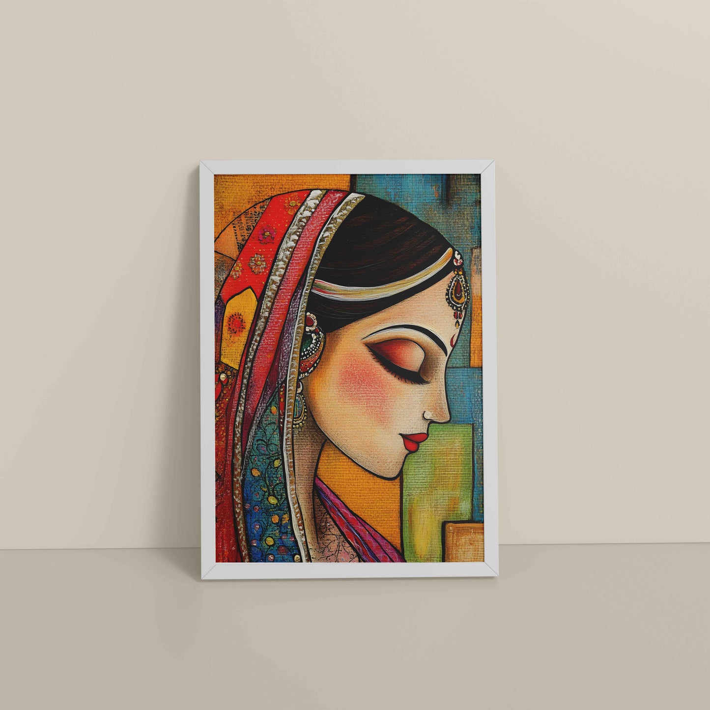 Floor View of Graceful Indian Woman – Abstract Madhubani Art Frame in White Color Frame