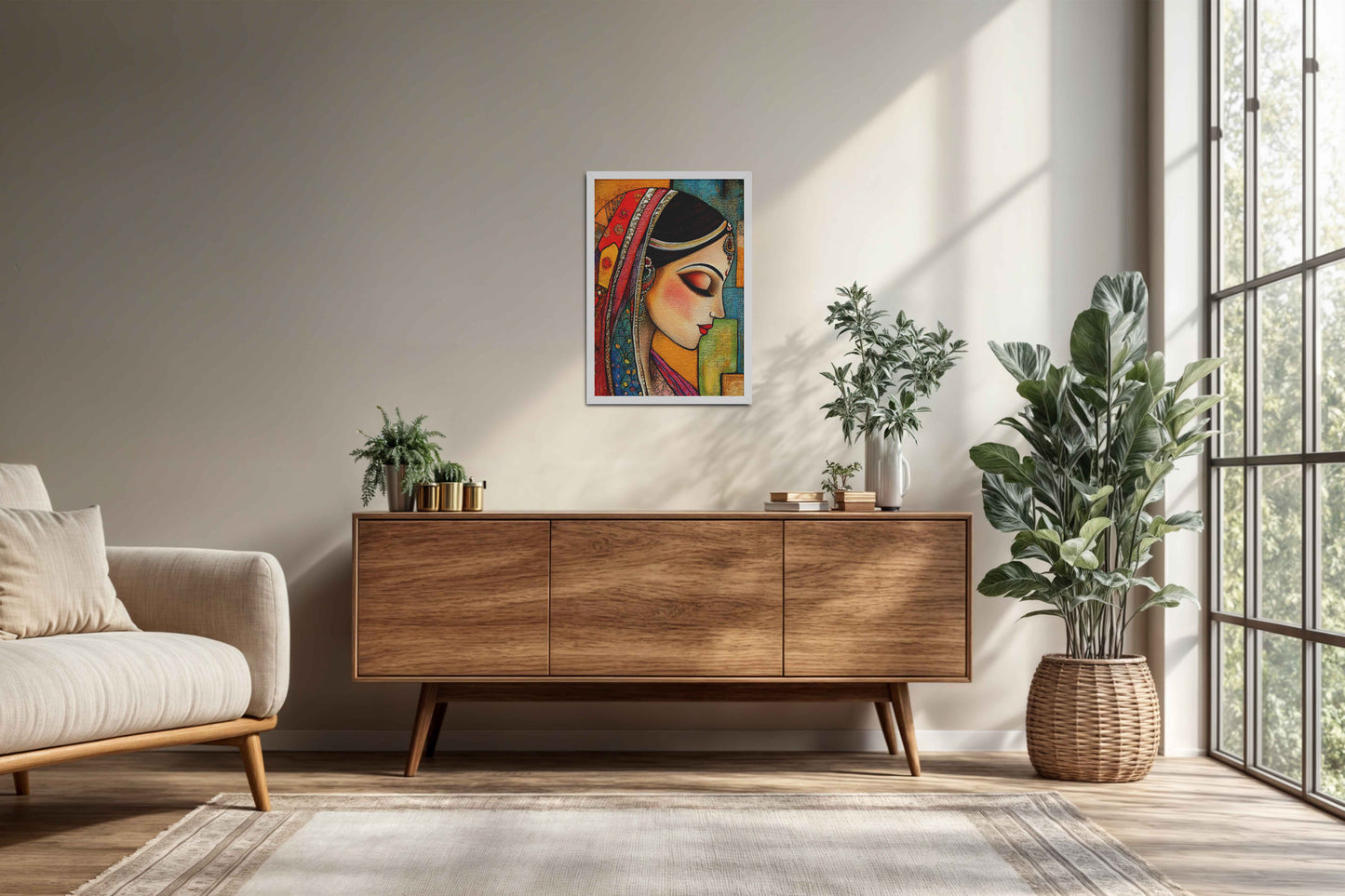 Living Room Cabinet Preview of Graceful Indian Woman – Abstract Madhubani Art Frame in White Color Frame