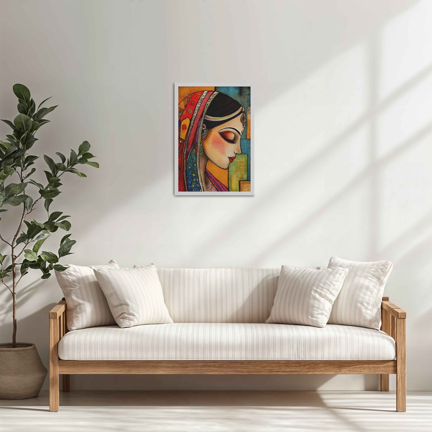 Living Room Cabinet Table Preview of Graceful Indian Woman – Abstract Madhubani Art Frame in White Color Frame