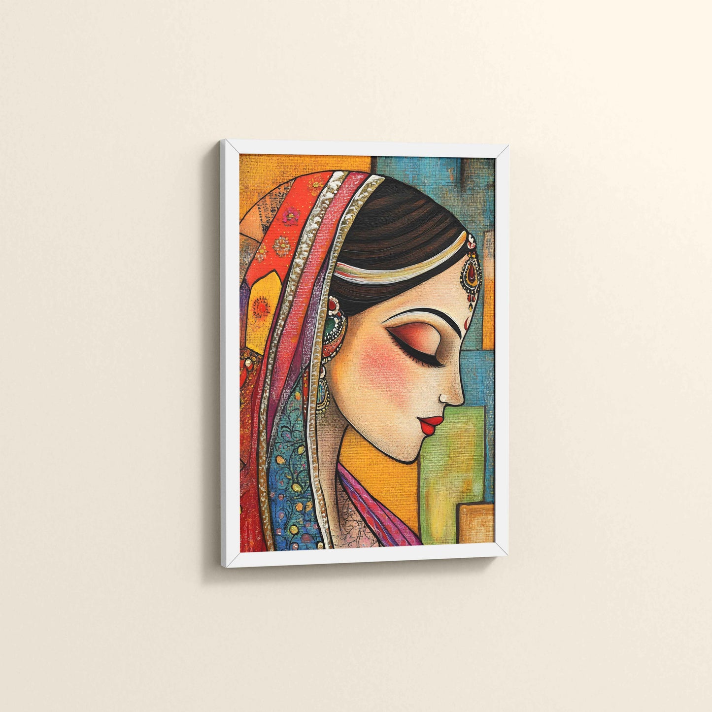 Side View of Graceful Indian Woman – Abstract Madhubani Art Frame in White Color Frame