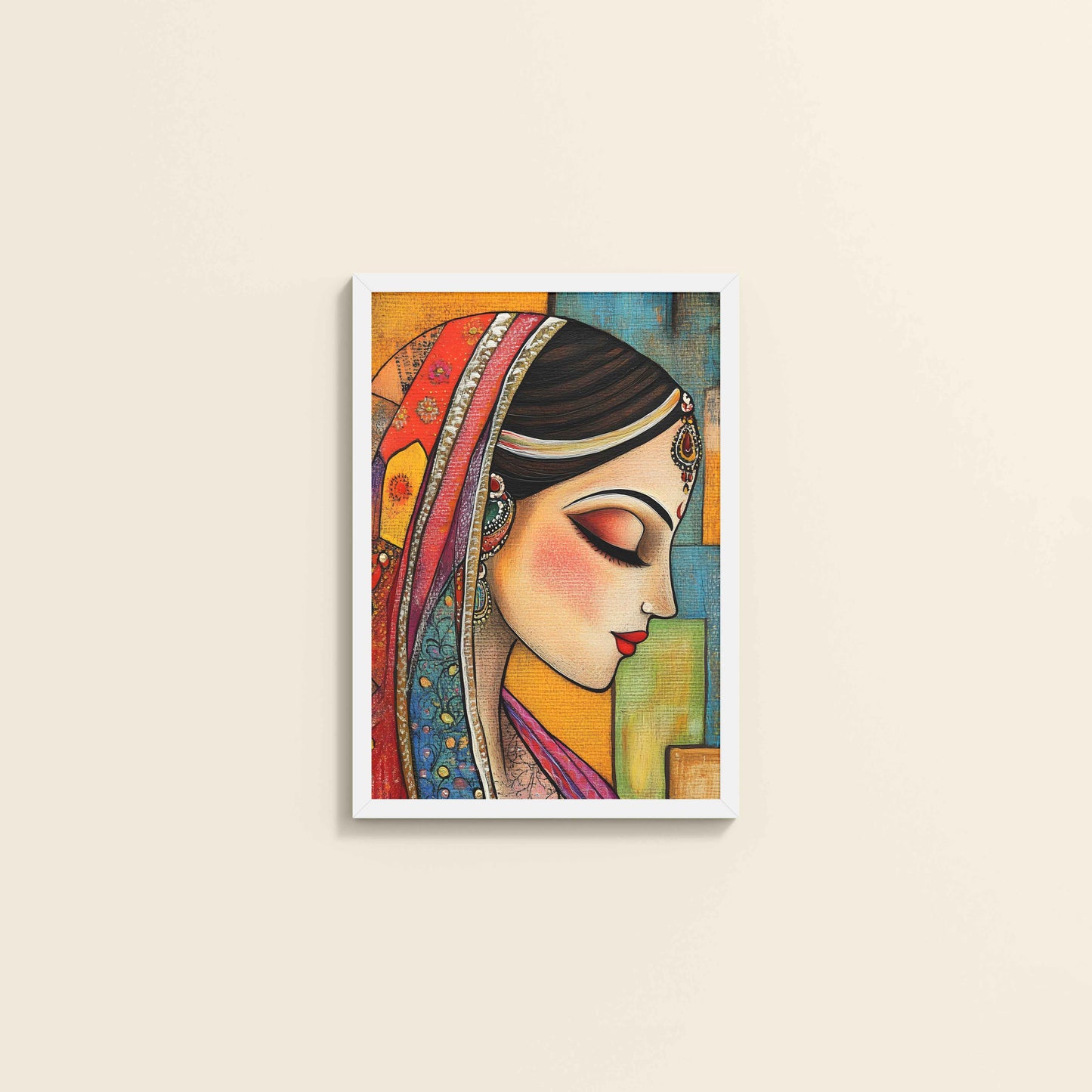 Wall View of Graceful Indian Woman – Abstract Madhubani Art Frame in White Color Frame