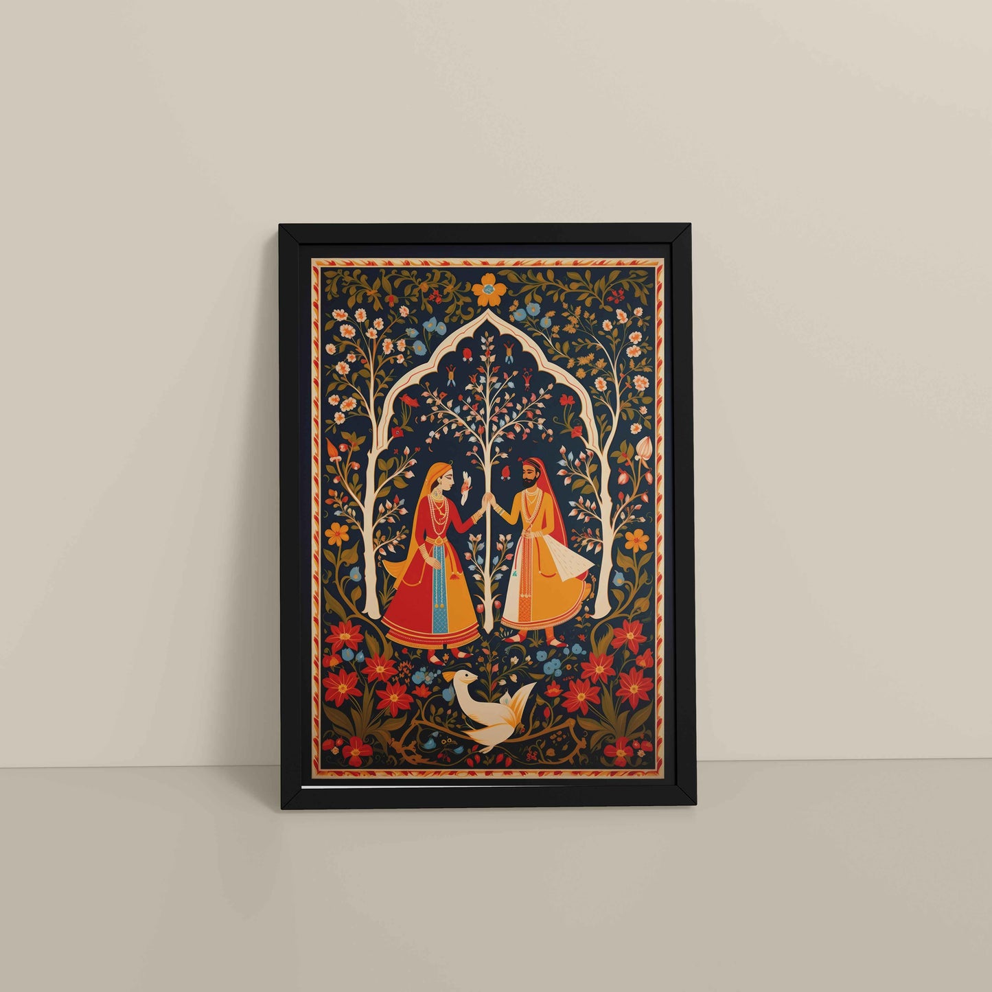 Floor View of Indian King and Queen – Traditional Madhubani Art Frame in Black Color Frame