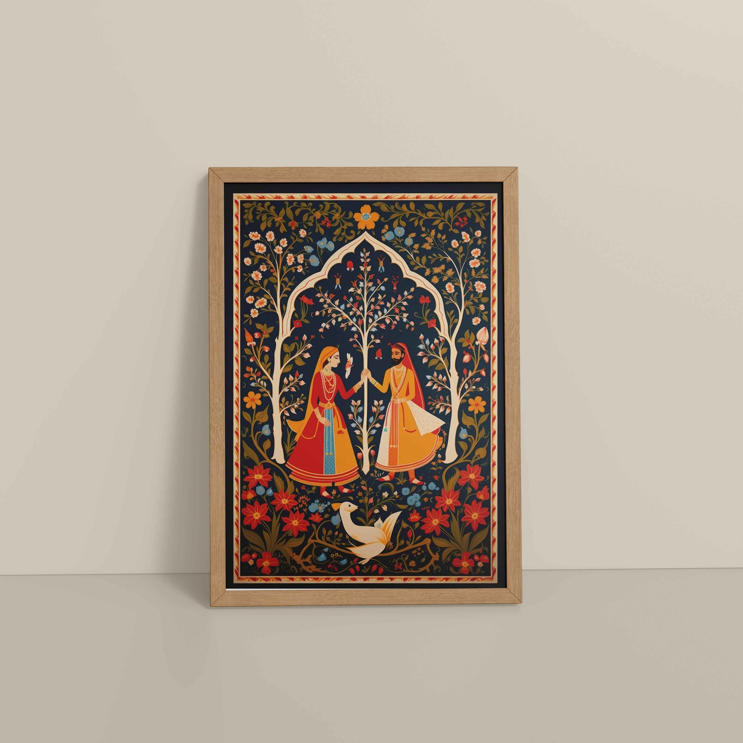 Floor View of Indian King and Queen – Traditional Madhubani Art Frame in Natrual Color Frame