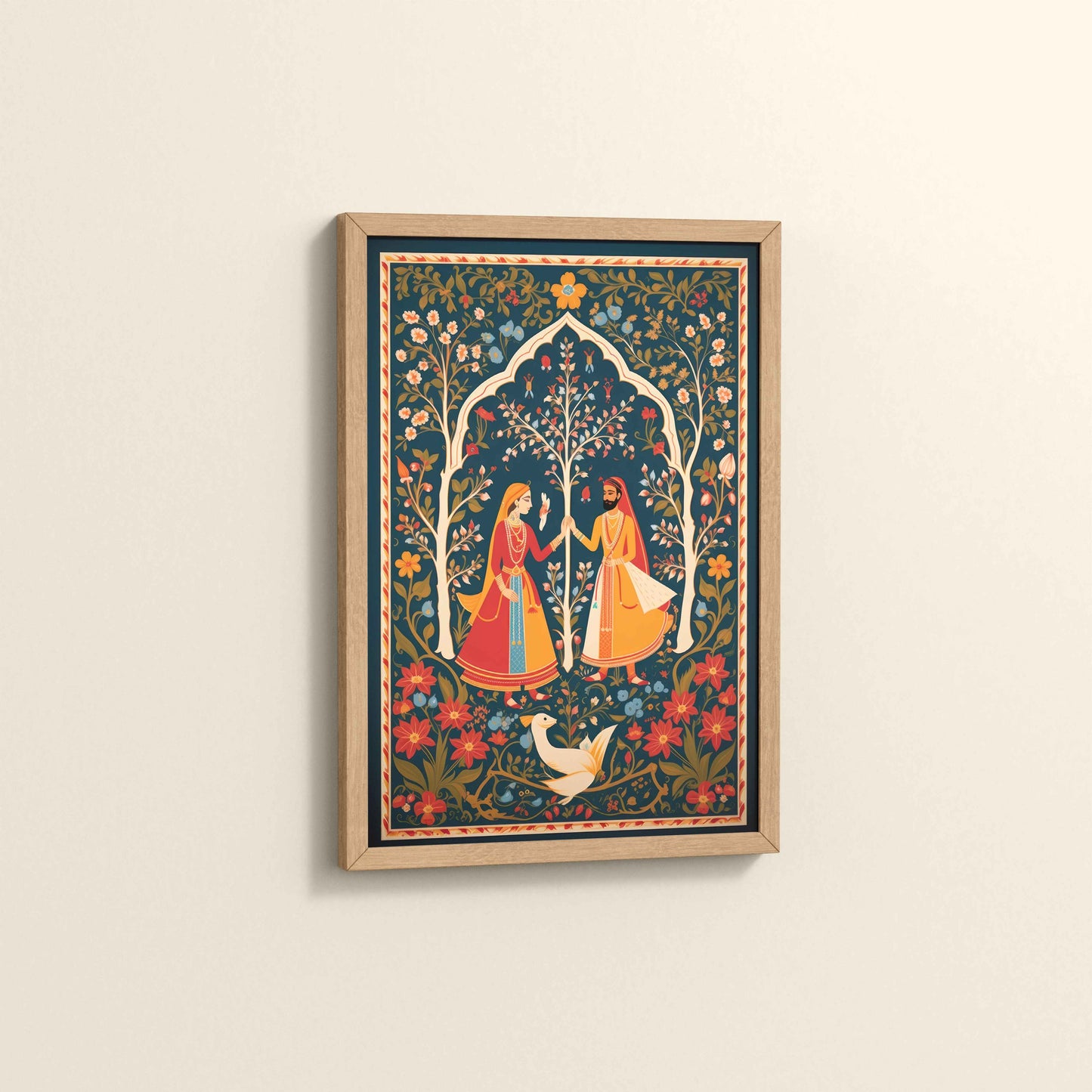 Side View of Indian King and Queen – Traditional Madhubani Art Frame in Natrual Color Frame