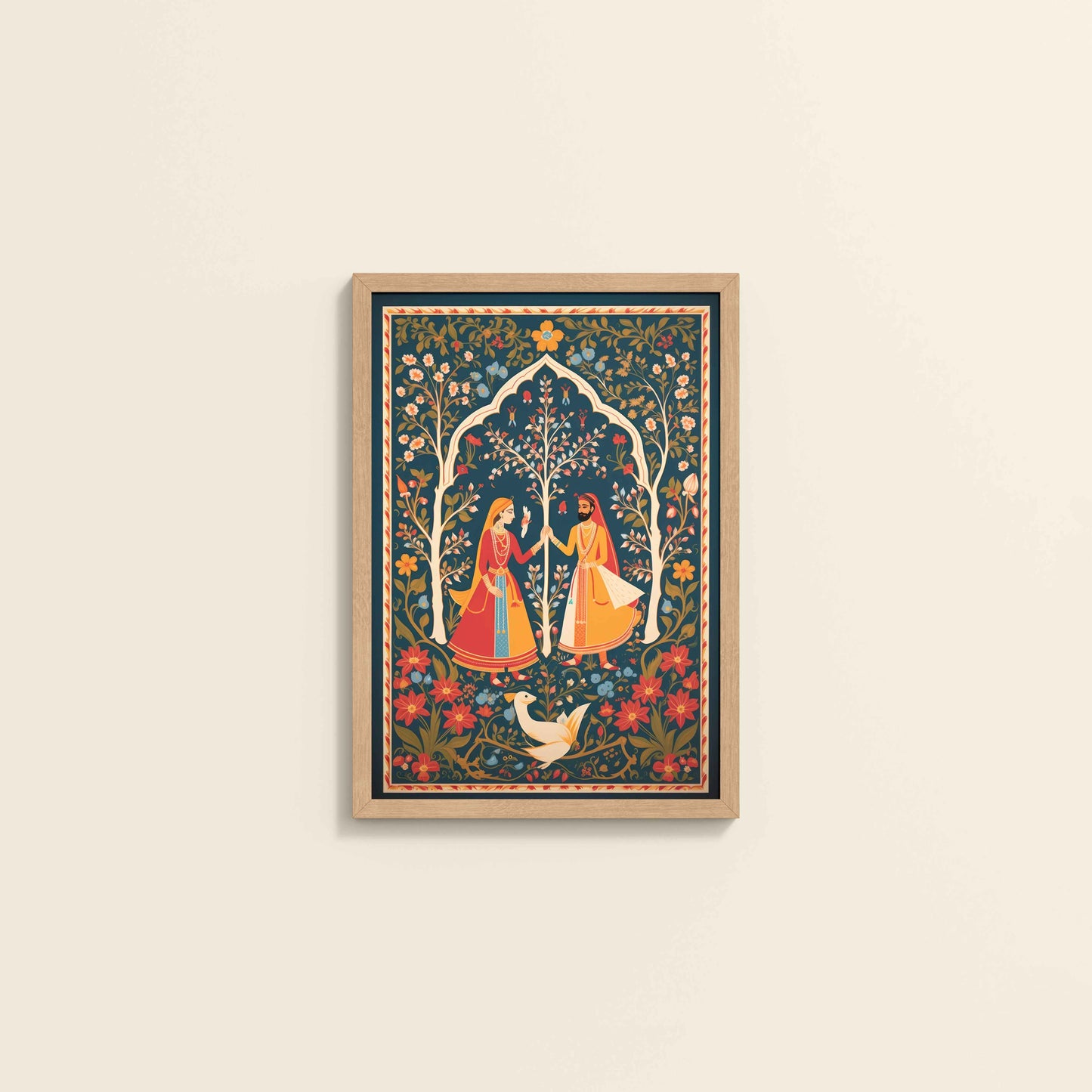 Wall View of Indian King and Queen – Traditional Madhubani Art Frame in Natrual Color Frame
