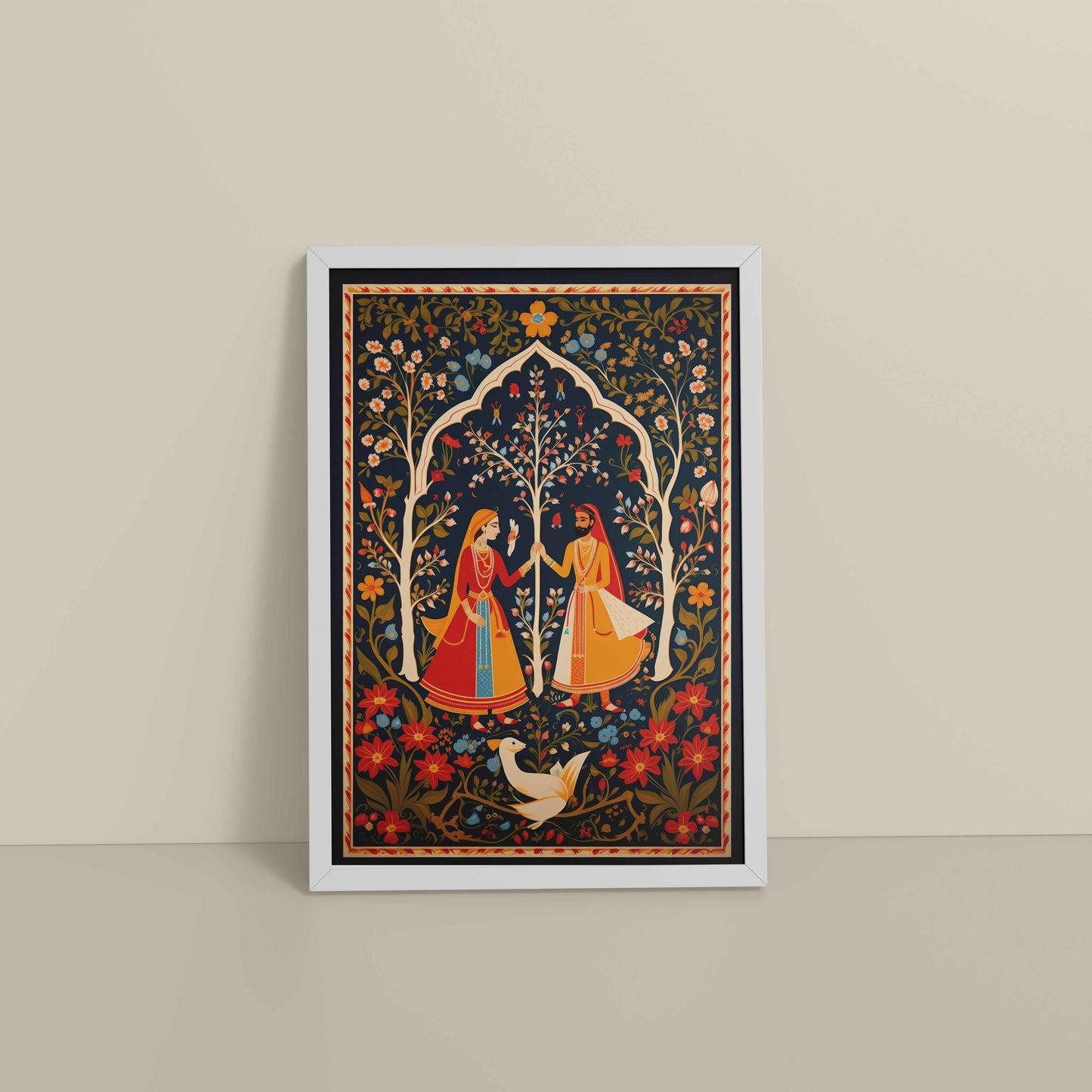 Floor View of Indian King and Queen – Traditional Madhubani Art Frame in White Color Frame