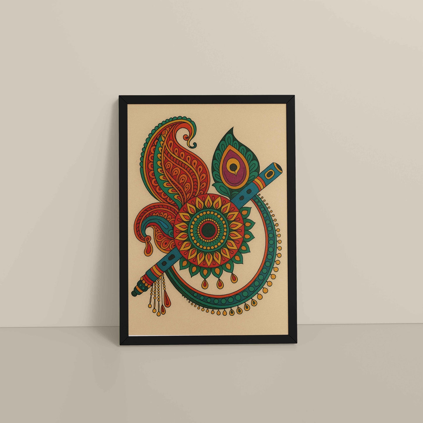 Floor View of Flute & Feather – Krishna Crerative Mandala Art in Black Color Frame