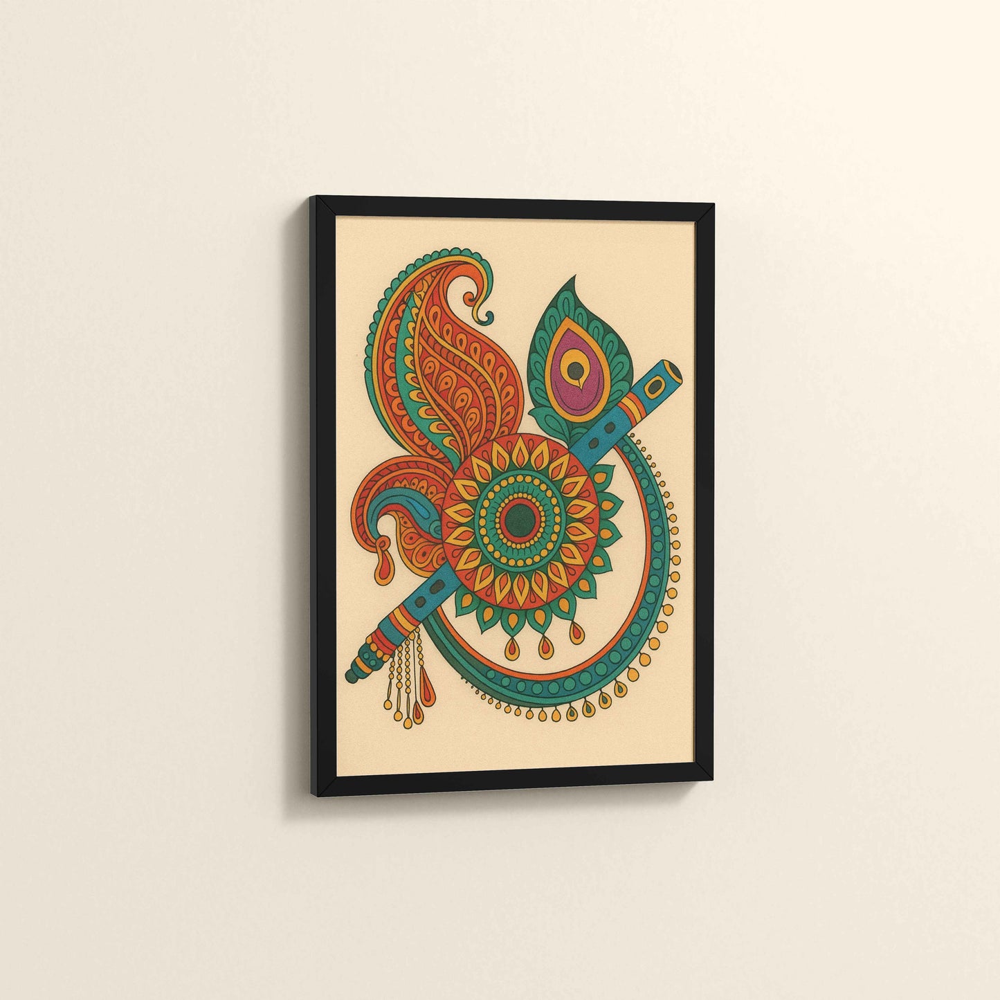Side View of Flute & Feather – Krishna Crerative Mandala Art in Black Color Frame
