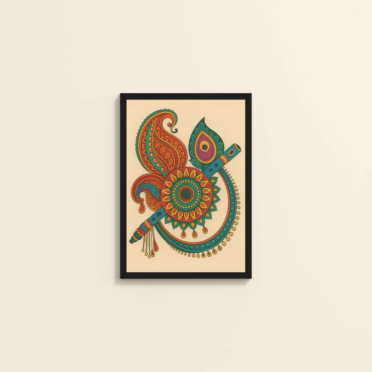 Wall View of Flute & Feather – Krishna Crerative Mandala Art in Black Color Frame