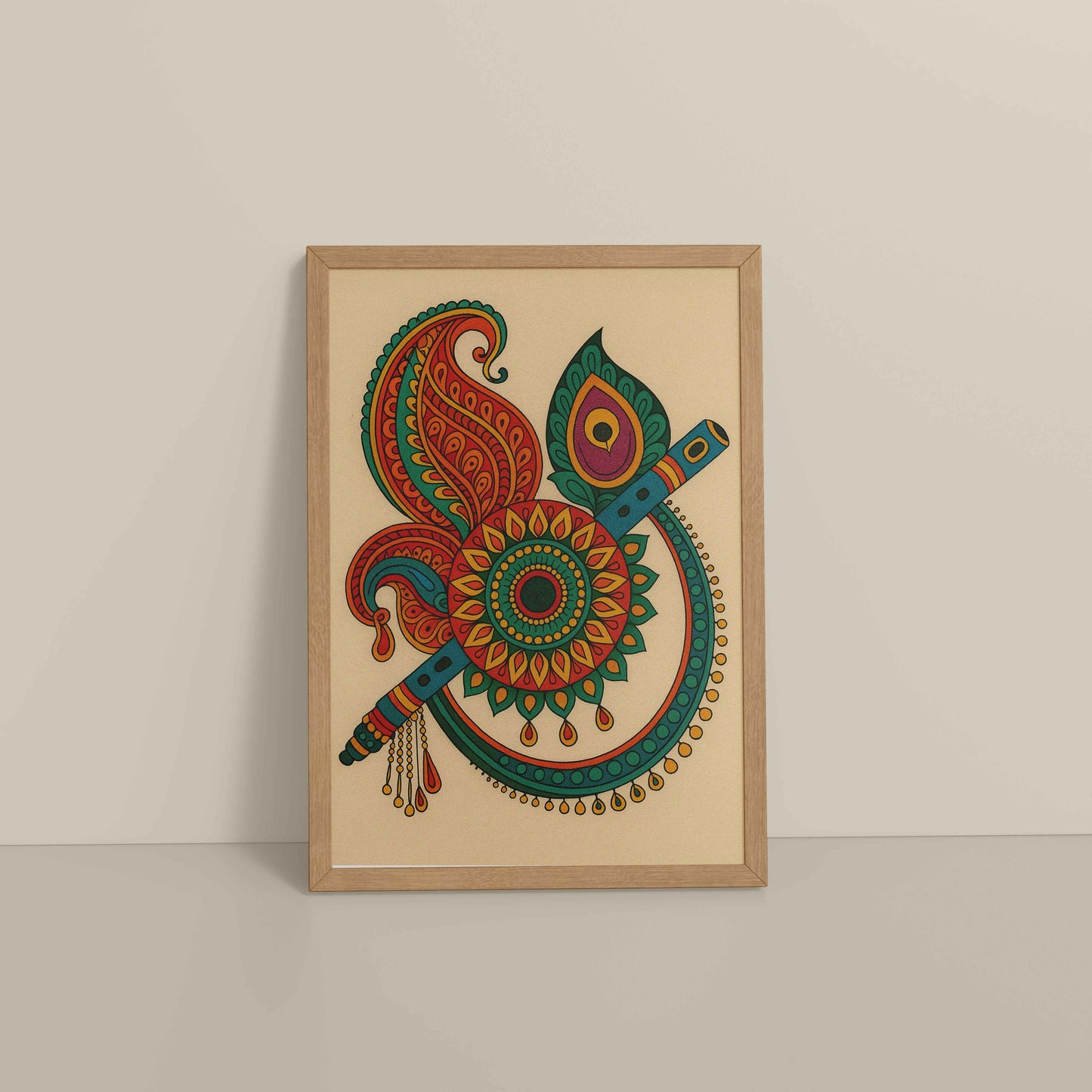 Floor View of Flute & Feather – Krishna Crerative Mandala Art in Natrual Color Frame