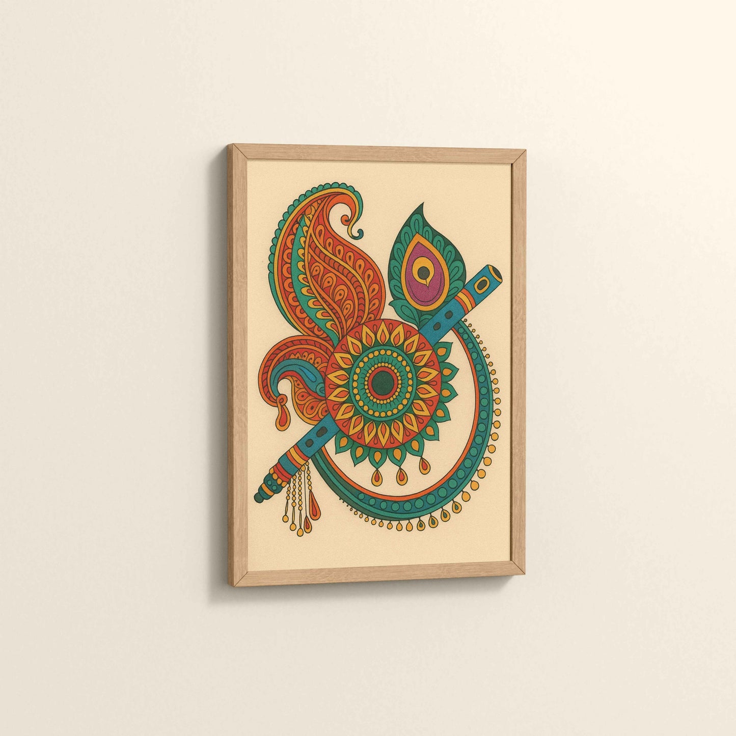 Side View of Flute & Feather – Krishna Crerative Mandala Art in Natrual Color Frame