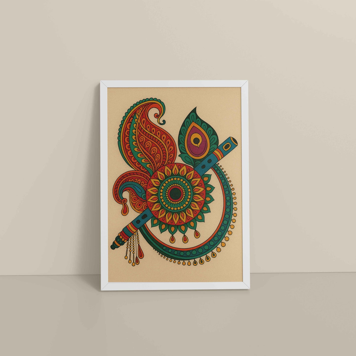 Floor View of Flute & Feather – Krishna Crerative Mandala Art in White Color Frame